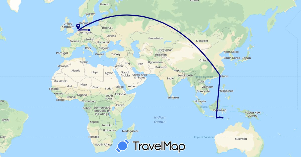 TravelMap itinerary: driving in China, Germany, Indonesia, Netherlands (Asia, Europe)